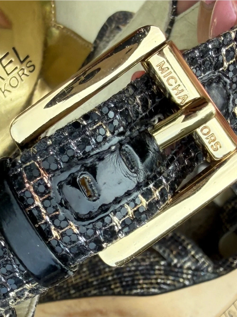 Michael Kors Evie Cheetah Black Glitter Platform Leather Open Toe Sandal 9